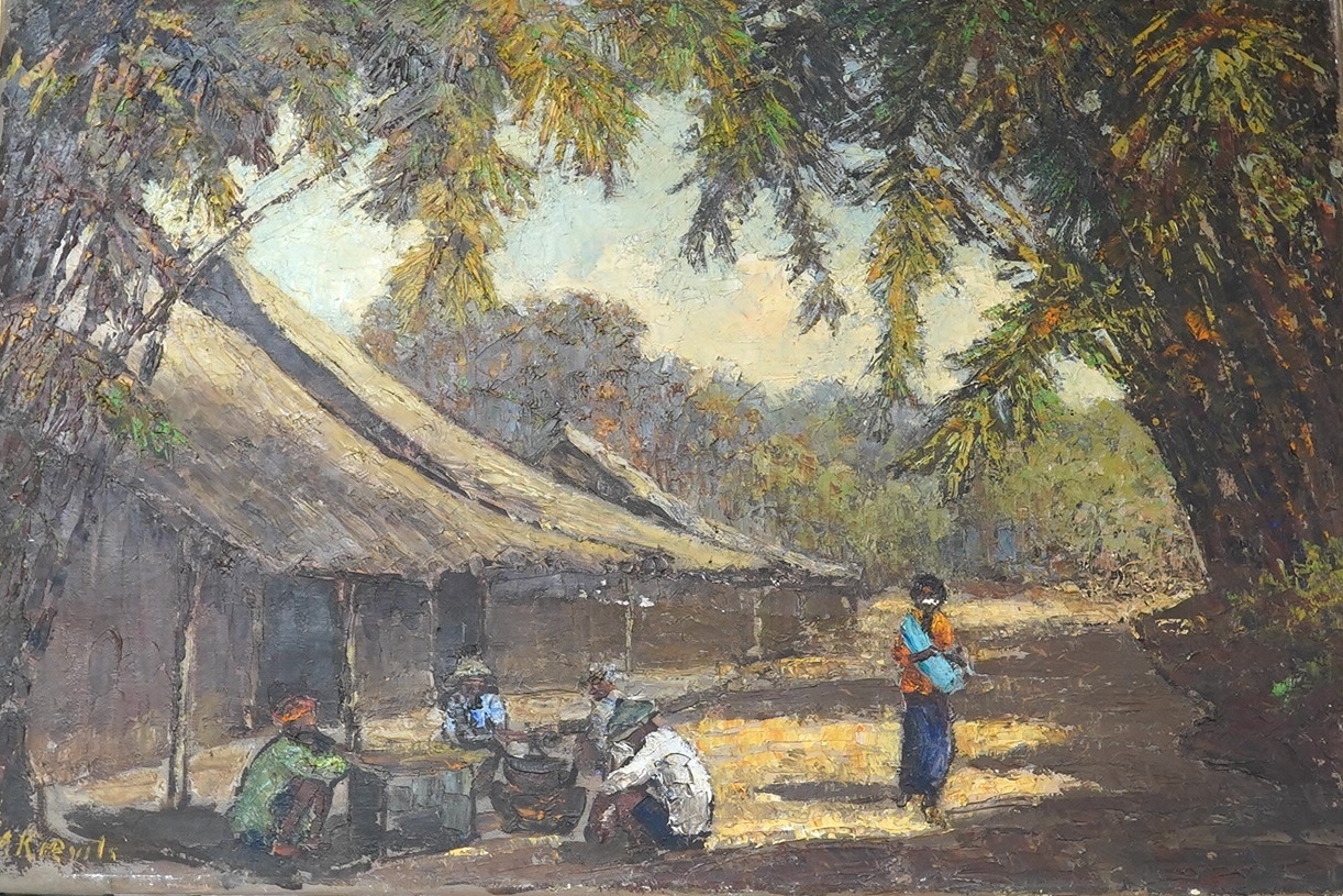 African School, impasto oil on canvas, Village scene with figures, 40 x 60cm, indistinctly signed lower left. Condition - fair, some paint chips